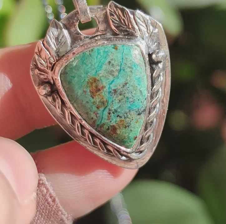 Sterling Silver Chrysocolla Pendant with Leaves-2