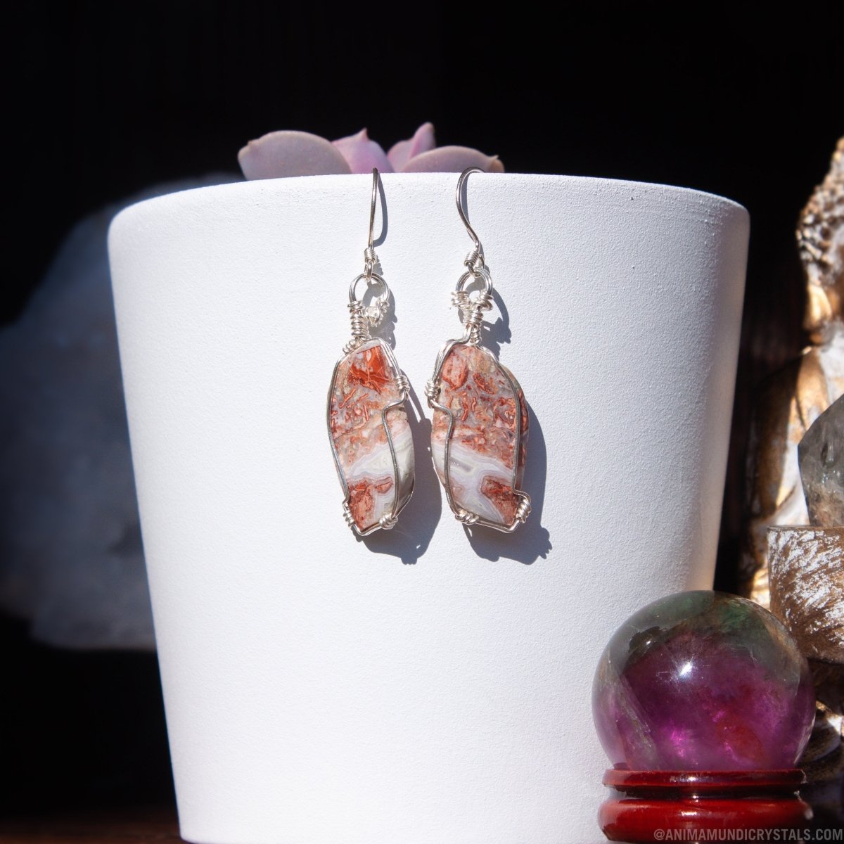 Crazy Lace Agate Wire Wrapped Sterling Silver Earrings - Anima Mundi Crystals