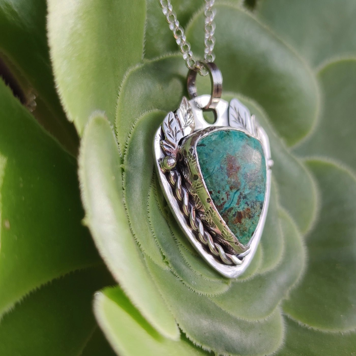 Sterling Silver Chrysocolla Pendant with Leaves - Anima Mundi Crystals