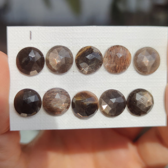 Cabujones Redondos de Piedra Sol Negra Facetada 10mm