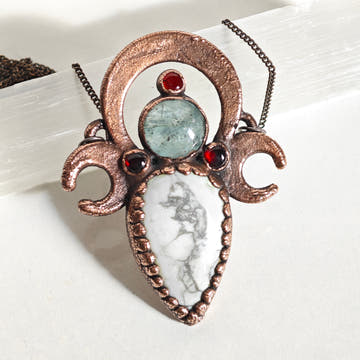 Triple Goddess Pendant — Howlite, Aquamarine & Garnet