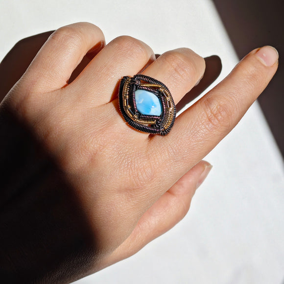 Anillo Larimar Engarzado - Cobre Negro y Latón