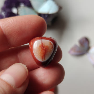 Cabujón triangular de cornalina con patrón de ojo natural, bandas concéntricas naranja, 17×16 mm