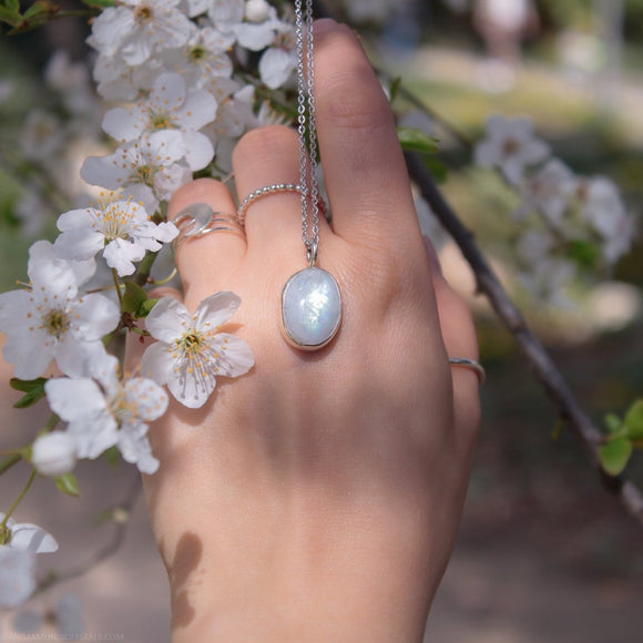 Crescent Moon Rainbow Moonstone Cabochon B - Anima Mundi Crystals