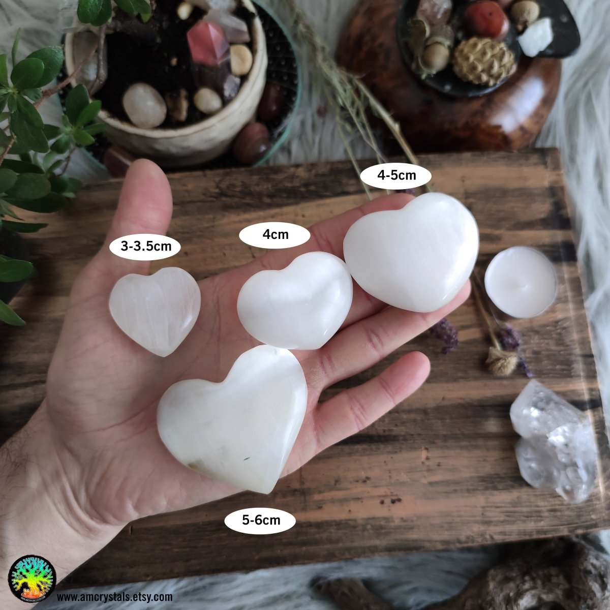 Puffy 4-5cm Selenite Heart Palm Stone - Anima Mundi Crystals