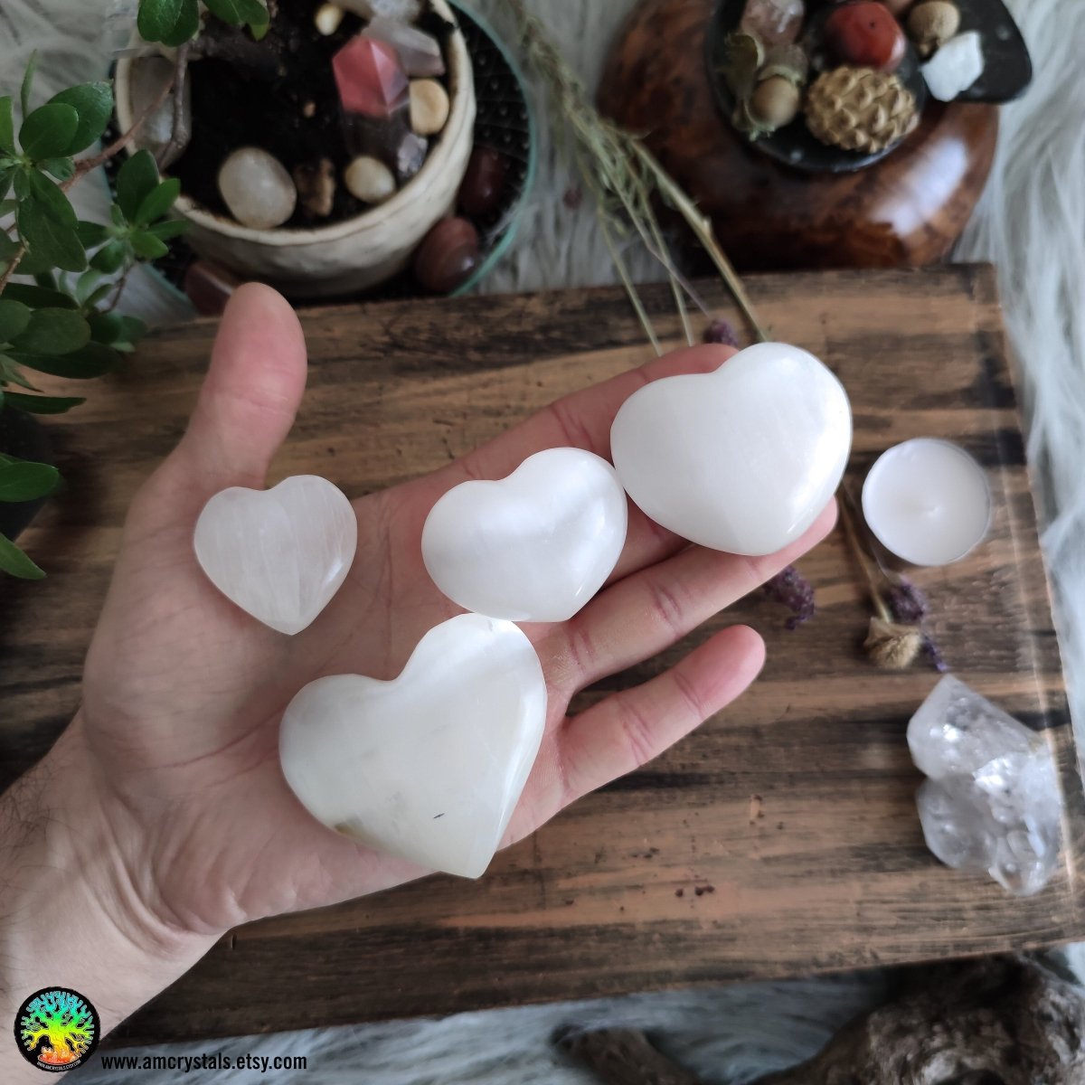 Puffy 4-5cm Selenite Heart Palm Stone - Anima Mundi Crystals