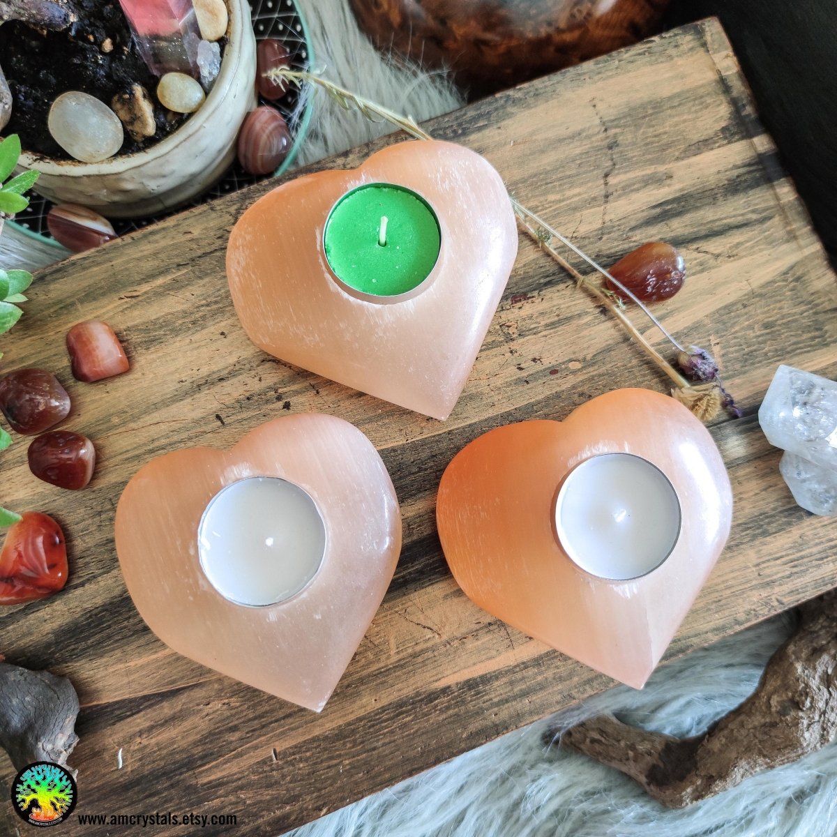 Puffy Heart Peach Selenite Candle Holder - Anima Mundi Crystals