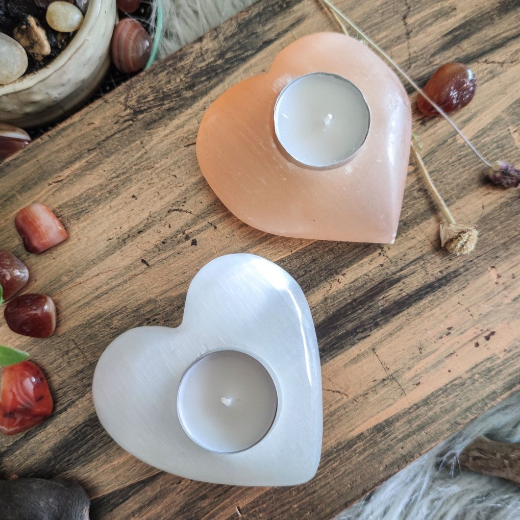 Puffy Heart Peach Selenite Candle Holder - Anima Mundi Crystals