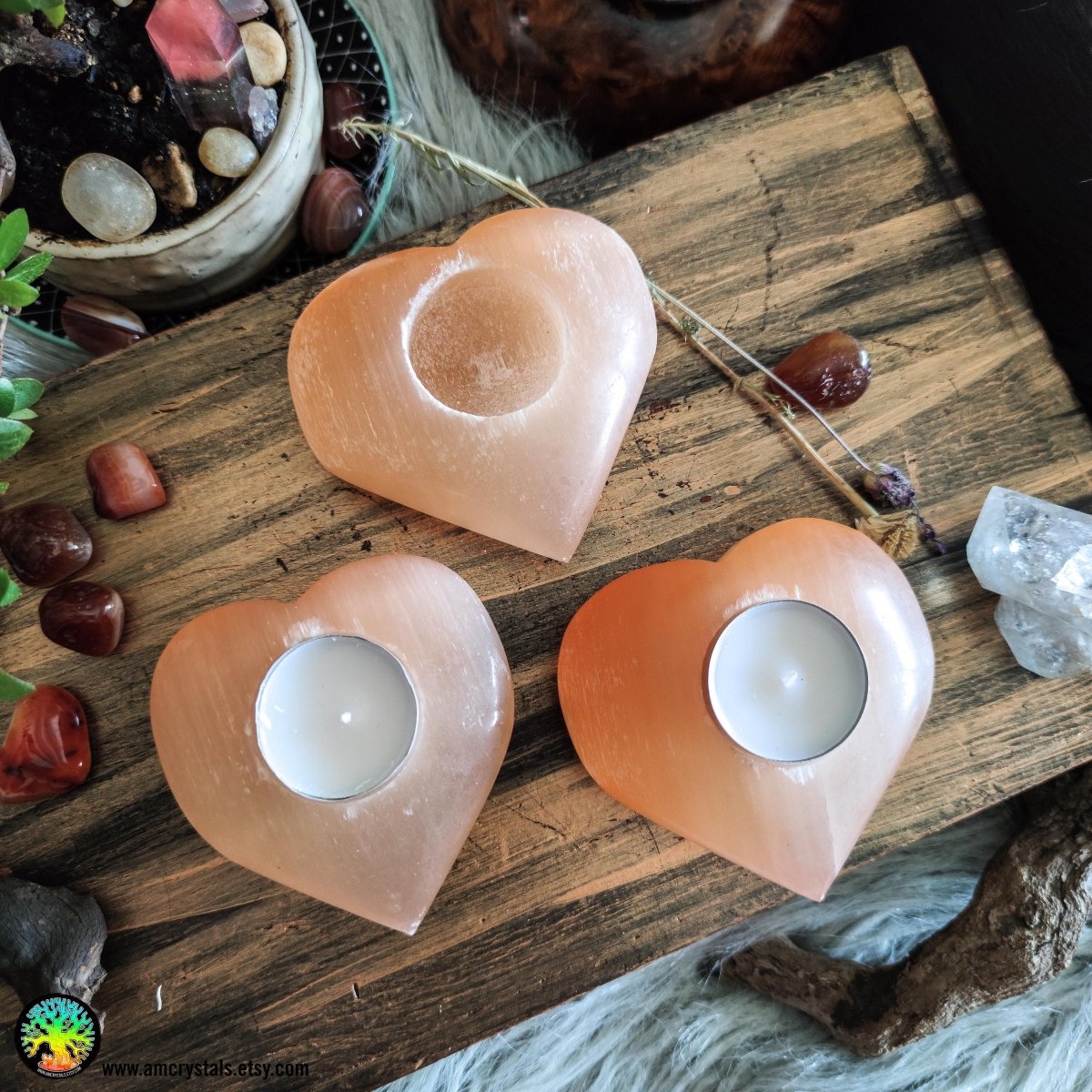 Puffy Heart Peach Selenite Candle Holder - Anima Mundi Crystals