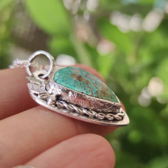 Sterling Silver Chrysocolla Pendant with Leaves - Anima Mundi Crystals