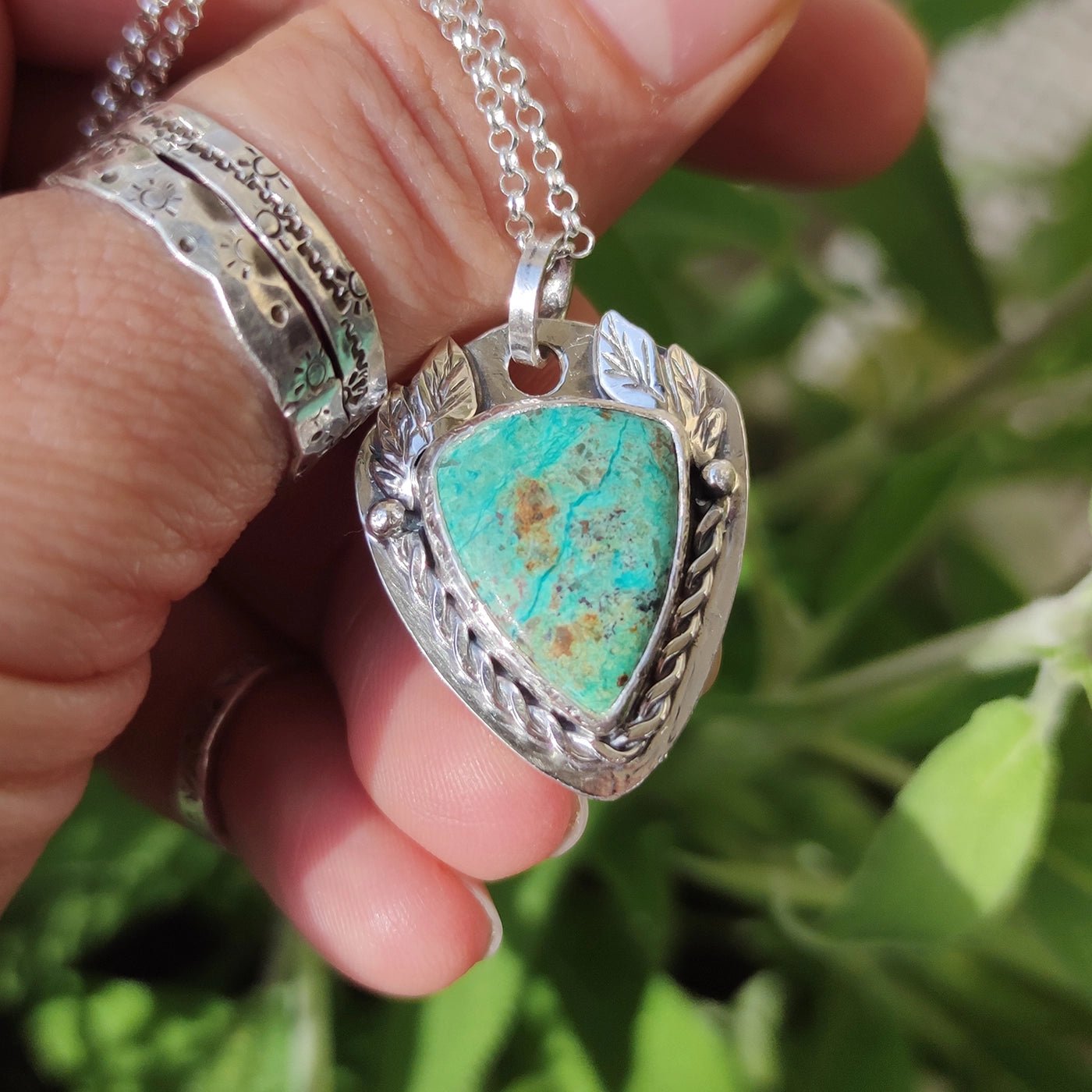 Sterling Silver Chrysocolla Pendant with Leaves - Anima Mundi Crystals