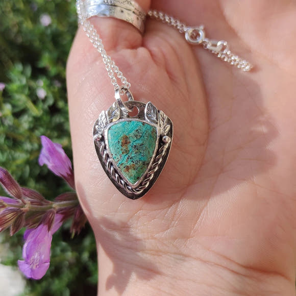 Sterling Silver Chrysocolla Pendant with Leaves - Anima Mundi Crystals