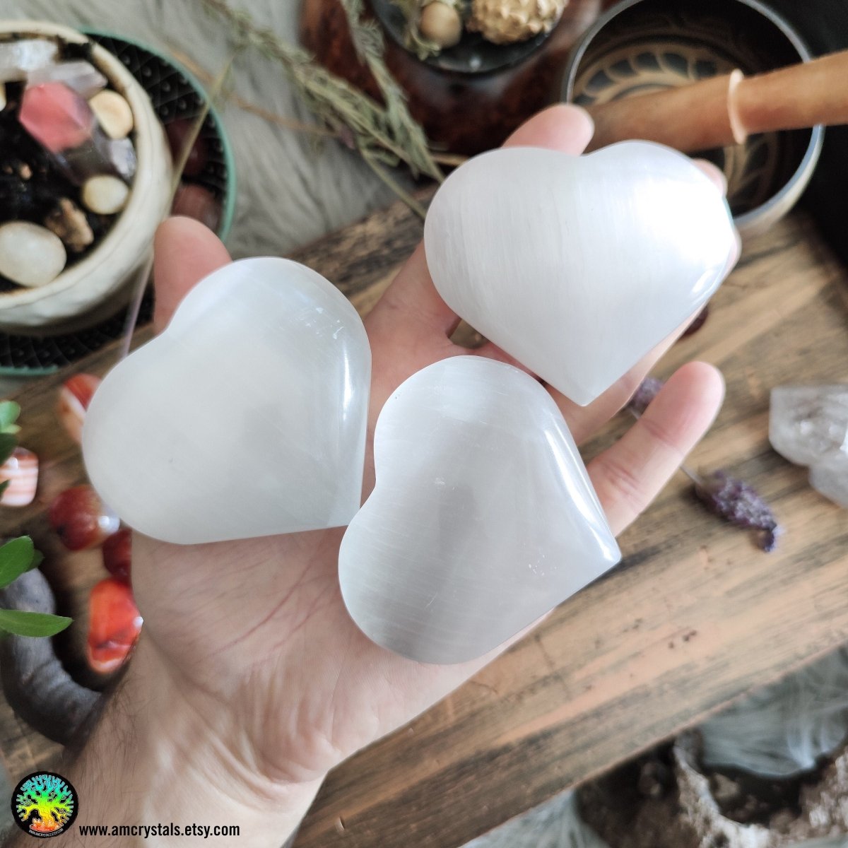 White Selenite Heart Palm Stone - Anima Mundi Crystals